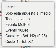 Opciones para Ocultar apuestas al medio