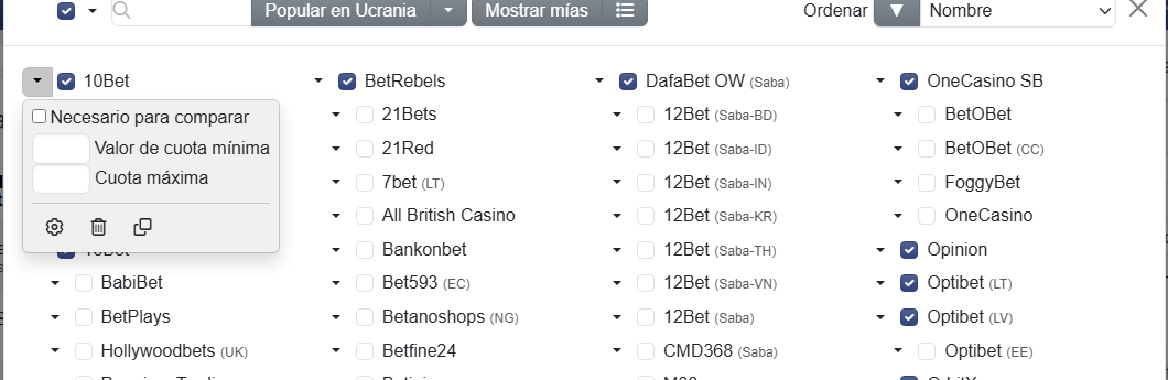 Casas de apuestas requeridas para comparación